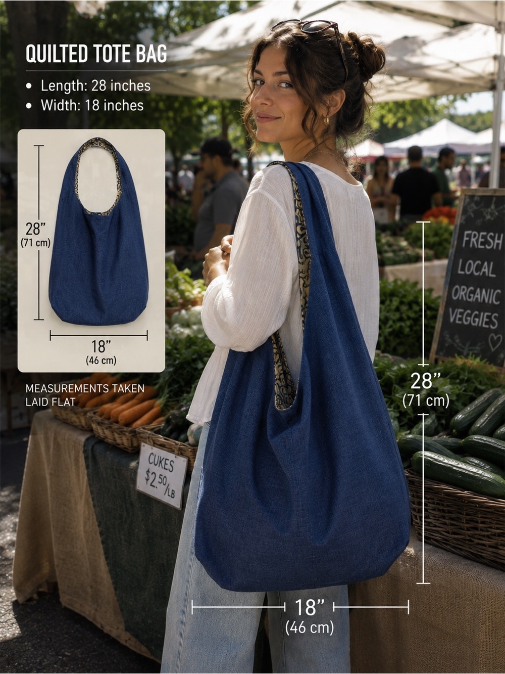 Upcycled Quilted Blue Tote Bag – Spacious Everyday Shoulder Bag - Picture 1 of 4